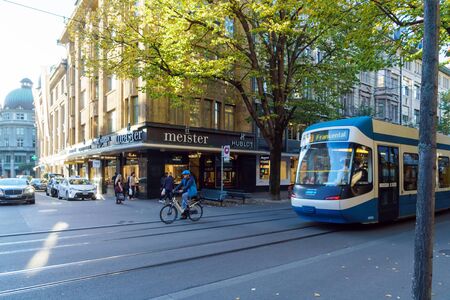 Zurich, Switzerland - October 16, 2017: Modern trams the main form of urban transport on the streets of the cityのeditorial素材