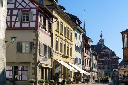 Stein am Rhein, Switzerland - October 16, 2017: Tourists sit at tables of a street cafe in the old townのeditorial素材