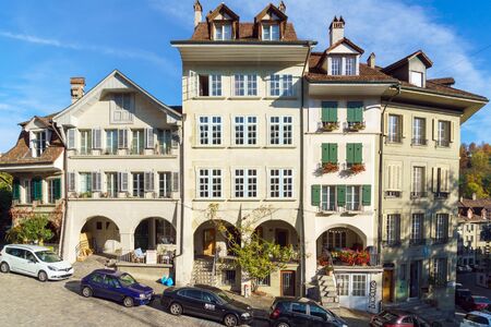Bern, Switzerland - October 17, 2017: Beautiful traditional houses and parked cars in old cityのeditorial素材