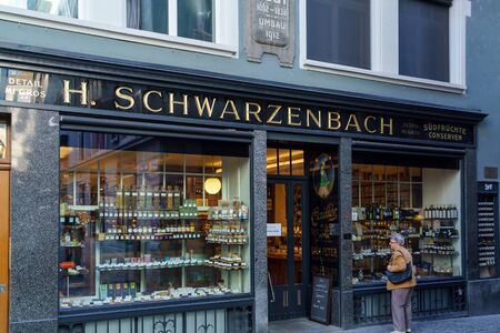 Zurich, Switzerland - October 16, 2017: Showcases and a signboard of the oldest coffee shop Schwarzenbachのeditorial素材