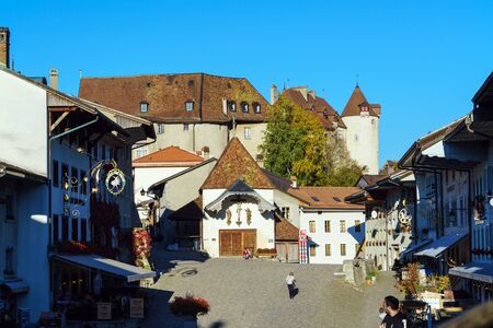 Gruyeres, Switzerland - October 18, 2017: Medieval castle and old houses of the city centerのeditorial素材