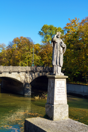 Embankment of river Isar at Fall, Munich, Germanyの写真素材