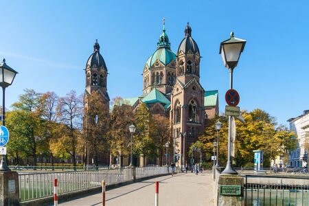 Munich, Germany - October 20, 2017: St. Luke Church near Isar river and Wehrsteg bridgeのeditorial素材