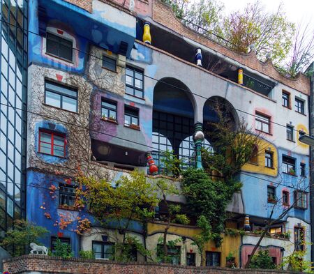 Vienna, Austria - October 22, 2017: Multicolored facade of the Hundertwasser house, city attractions and tourist attraction centerのeditorial素材