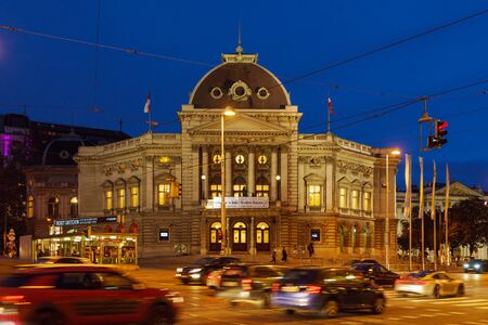 Vienna, Austria - October 22, 2017: Volkstheater on Burggasse and city traffic at nightのeditorial素材