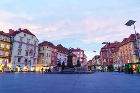 Graz, Austria - October 23, 2017: Houses on Hauptplatz panorama and Erzherzog Johann Brunnen (1893)...