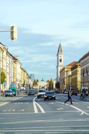 Munich, Germany - October 25, 2017:  Ludwigstrasse and St.Ludwig church as seen from Odeonsplatzのeditorial素材