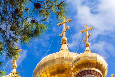 Pine Tree and Mary Magdalene Convent on the Mount of Olives, Jerusalem, israelの写真素材