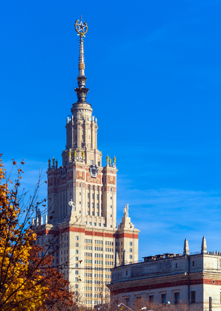 The main building of Lomonosov Moscow State University (MSU) on the Sparrow Hills, the famous Stalin skyscraper and a symbol of science and education in Russiaのeditorial素材