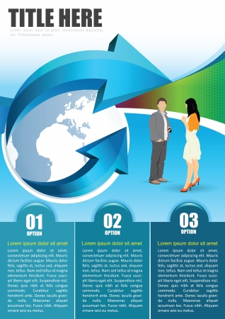 Blue abstract background with globe, arrow, managers and three tabs for brochure or flyer  のイラスト素材