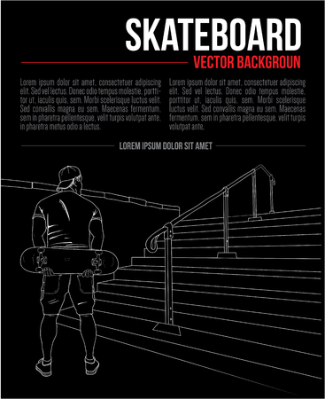 Vector hand drawing background with skateboarder and stairs, outline style graphicのイラスト素材