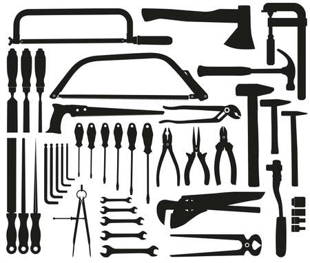Vector set of hand tools as black silhouettes on white background. Hammer, screwdriver, pliers,...