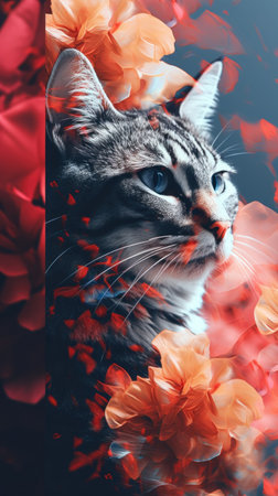 Portrait of a beautiful cat on a background of red flowers.の素材