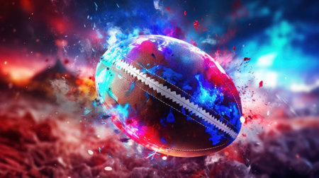 Rugby ball breaking through the ground. 3D illustration.の素材