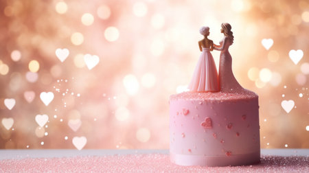 Wedding cake with bride and groom on a bokeh backgroundの素材