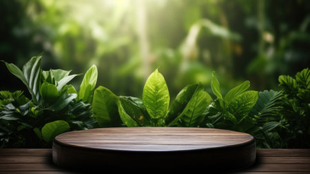 Wooden table top on blurred green leaves background, product display templateの素材