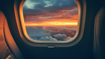Airplane window view with clouds and sunset sky. Travel concept.の素材
