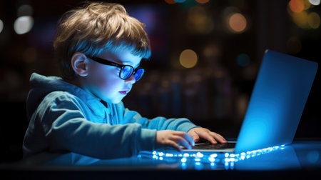 Cute little boy using a laptop computer at night in the darkの素材