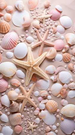 Seashells and starfish on beige background, top viewの素材