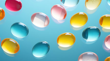 3d rendering of many colorful transparent water drops on a blue backgroundの素材