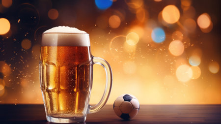 Beer mug with soccer ball on bokeh background. football conceptの素材