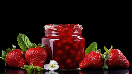 Strawberry jam in a glass jar on a black background.の素材