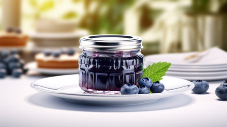 Blueberry jam in a glass jar on a white background. 3d illustrationの素材