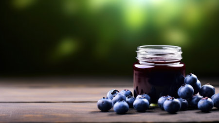 Blueberry jam in glass jar on wooden table with fresh berries on backgroundの素材