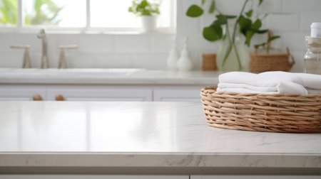 Wicker basket with fresh towels countertop in modern kitchenの素材