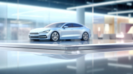 Tablet with a car in the background. 3d rendering.の素材