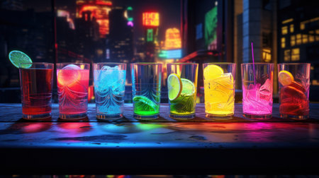 Colorful alcoholic cocktails on bar counter in night city. Toned imageの素材
