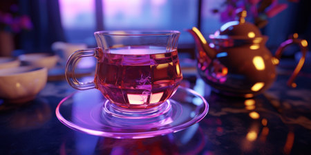 Cup of tea on a table in a cafe. Selective focus.の素材