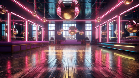 Interior of a nightclub with neon lamps. 3D rendering.の素材