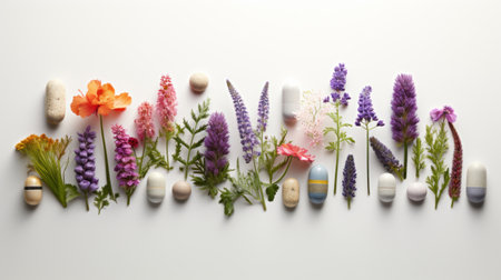 Composition with flowers and pills on white background, top view. Space for textの素材