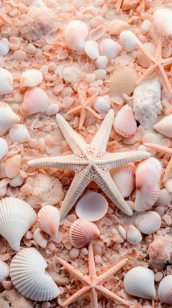 Seashells and starfish on a pink sand background.の素材