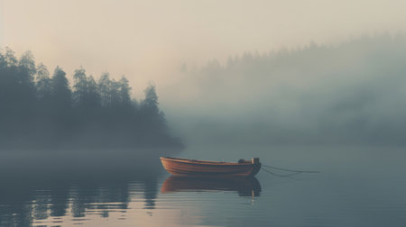 Foto de Foggy morning on a lake with a boat in the foreground - Imagen libre de derechos