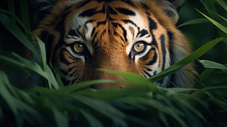 Close-up of a tiger hiding in the grass. Animal portraitの素材