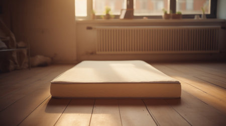 Blank book on wooden floor in living room at home, soft focusの素材