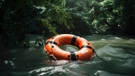 Lifebuoy floating on the river in the rainforest at nightの素材