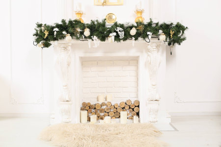 decorated elegant christmas fireplaceの写真素材