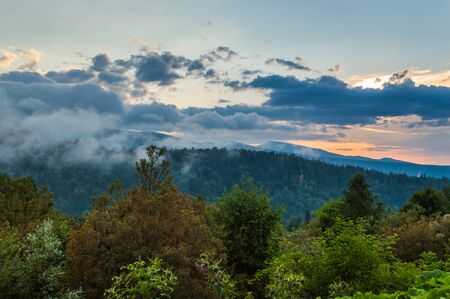 Valley plateau Lago Naki in Adygea in the summer, blue sky with clouds at sunsetの写真素材