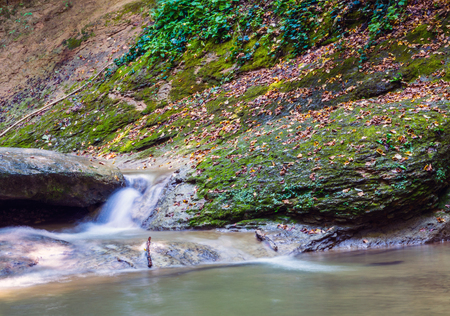 The beautiful clear water of the pools in mountain river. Water flowing in motion. The stones are covered with moss.の写真素材