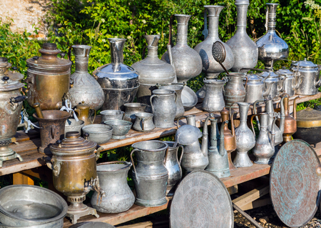 A lot of old vintage metallic arabian and russian vessels, tray, pods and samovar.の写真素材