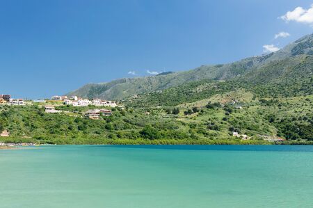 Color water of lake Kournas at Crete island in Greece. Panoram viewの写真素材