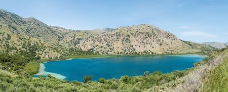 Panoramic view. Color water of lake Kournas at Crete island in Greece.の写真素材