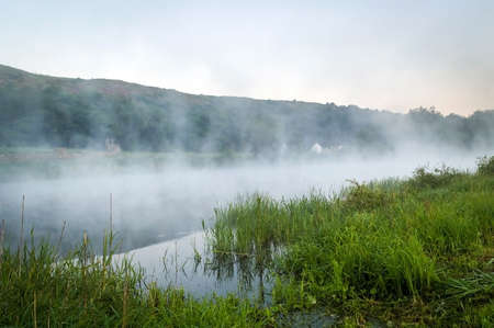 River landscape with nature morning with fog