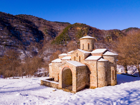North Caucasus. Lower-Arkhyz settlement. Abandoned orthodox temple. Winter landscape