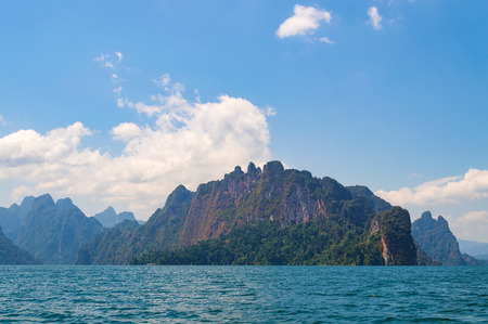 Beautiful mountains lake river sky and natural attractions in Ratchaprapha Dam at Khao Sok National...