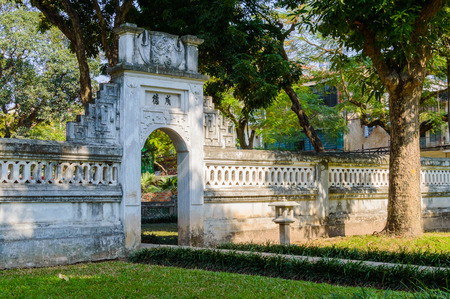 Park in the Temple of Literature Van Mieu in Hanoi, Vietnam and chinese pagoda.の写真素材