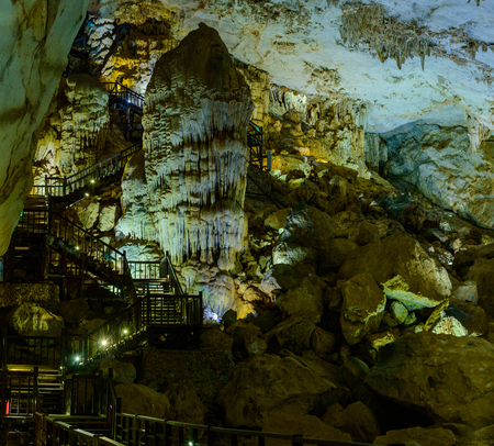 Paradise cave, an amazing, wonderful cavern at Bo Trach, Quang Binh, Vietnam, underground beautiful place for travel, heritage national with impression formation, abstract shape from stalactiteの写真素材